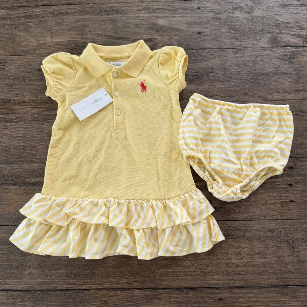 NWT Ralph Lauren Baby Girls Yellow Polo Ruffle Dress & Bloomers Set 9M